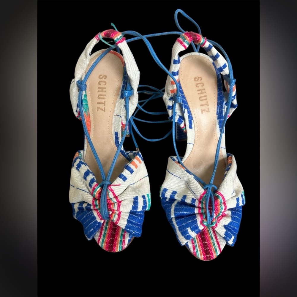 SCHUTZ Multicolor Bow Lace-Up Heels — Blue, White, Pink, Green, Orange
